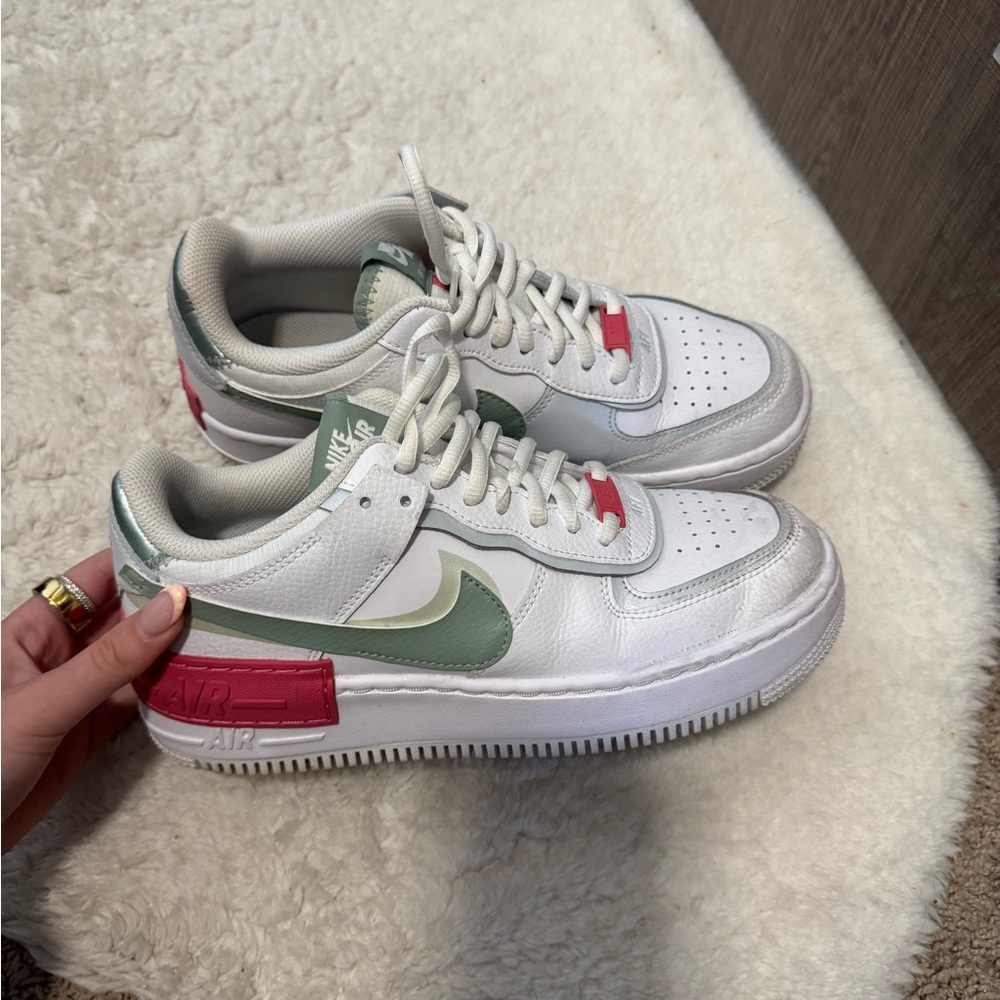 Nike Air Force 1 Sneakers - White and Green with Pink Accents